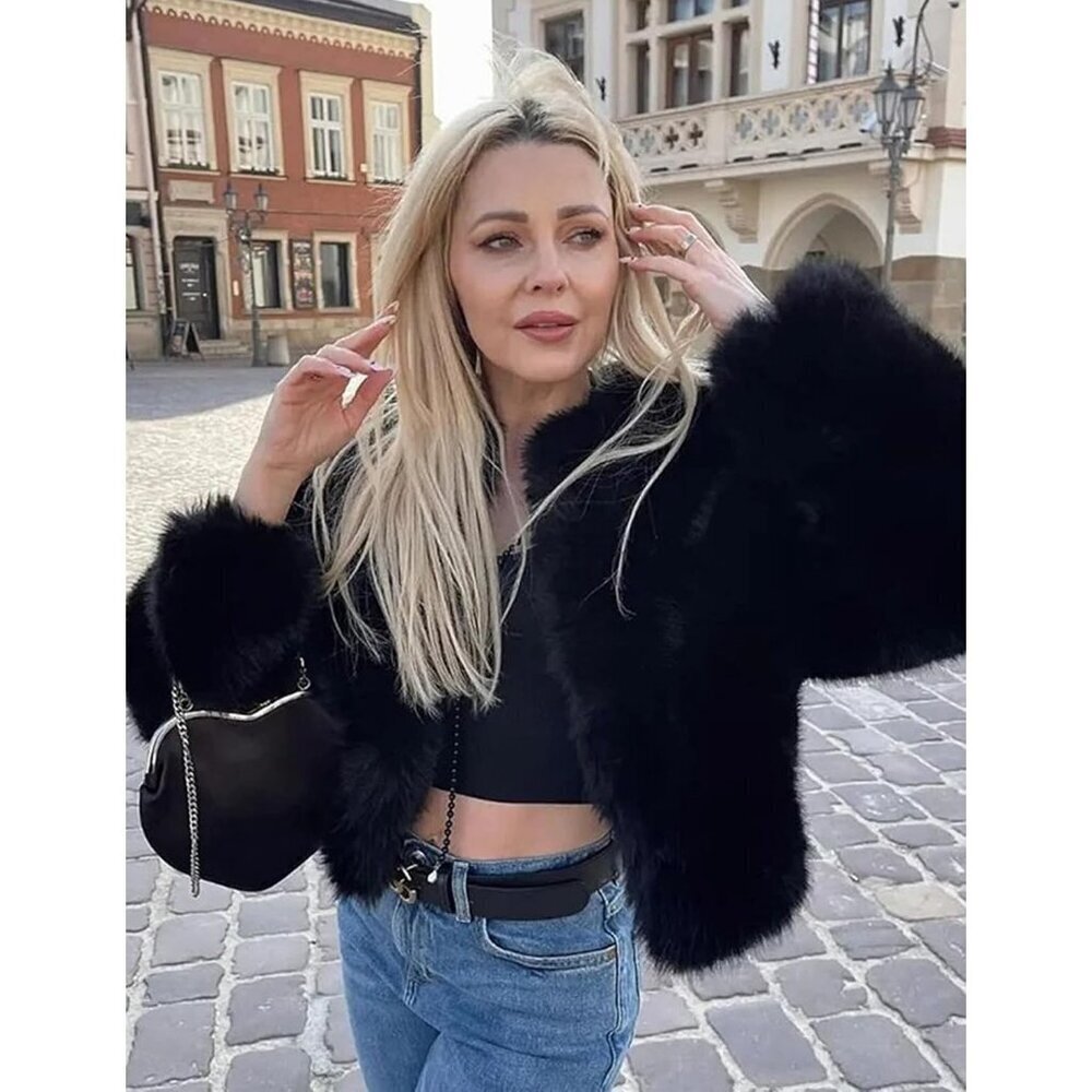 Women's Black Wyeysyt Faux Fur Cropped Coat Fluffy Open Front Warm Winter Jacket - Picture 2 of 8
